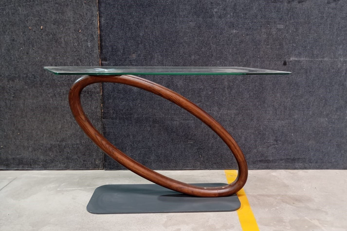 ST-COVER  CONSOLE TABLE TEAK WOOD BASE W/GLASS TOP TOUGHENED - FURNITURE - (WHITE + ROSEGOLD - BUENA CASA - 1143x406x737 mm - 45.72inchX16.24inchX29.48inch)