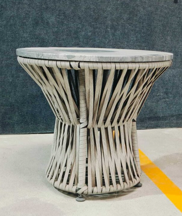 ST8671 OUTDOOR COFFEE TABLE  - FURNITURE GREY MARBLE TOP W/GREY ROPED BASE - FURNITURE - (GREY MARBLE TOPWITH SOLID WOOD IN WALNUT BASE - BUENA CASA - 610x610x533 mm - 24.4inchX24.4inchX21.32inch)