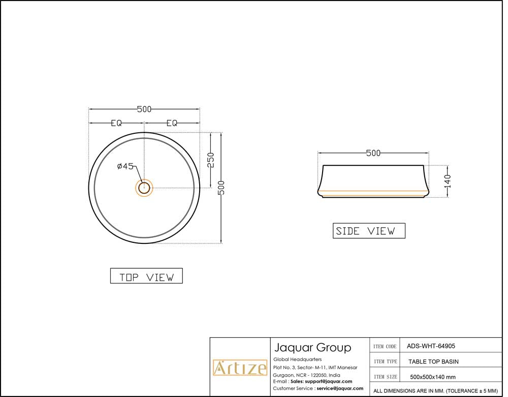THIN RIM TABLE TOP BASIN - ARTIZE SWARE - ( WHITE - ARTIZE DESIGNER - 500x445 mm - 20inchX18inch )