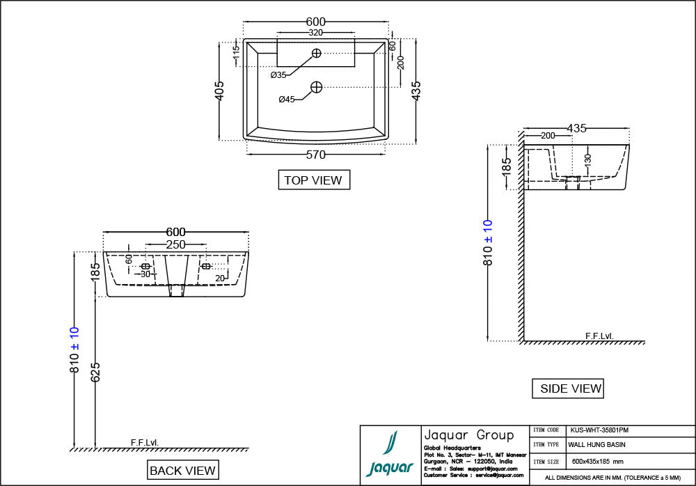 WALL HUNG BASIN WITH FIXING ACCESSORIES - JAQUAR SWARE - ( WHITE - KUBIX - 600x435 mm - 24inchX17.4inch )