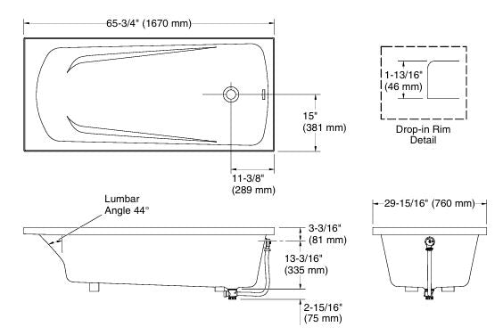 ACRYLIC BATHTUB - KOHLER PREMIUM - ( WHITE - PREMIUM - 1670x760 mm - 66.8inchX30.4inch )