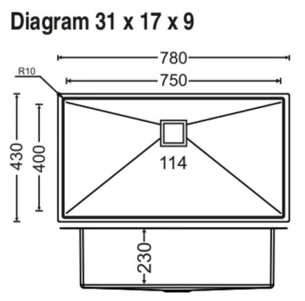 1 BOWL W/O DRAIN BROARD (DEPTH 9INCH) THK 1MM - CARYSIL -  ( MATT - MICRO RADIUS R10 - 780x430 mm - 31inchX17inch )
