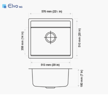 QUARTZ SINK 1.0 BOWL W/O DRAIN BOARD (DEPTH 7INCH) ELVO - NIRALI - ( BLACK GRANITE - QUARTZ PREMIUM RANGE - 570x510 mm - 22.5inchX20inch )