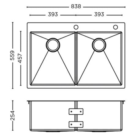 2 BOWL W/O DRAINBOARD (DEPTH 10INCH) THK 1MM - CARYSIL -  ( MATT FINISH - AMERICAN DESIGN - 838x559 mm - 33inchX22inch )