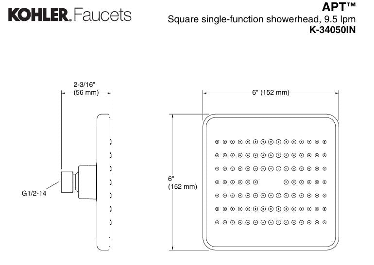 APT SHOWER HEAD SQUARE WALL MOUNT - KOHLER POPULAR -  ( CHROME - POPULAR - 150x150 mm - 6inchX6inch )