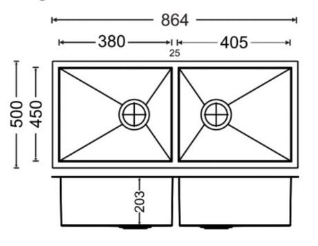 2 BOWL W/O DRAINBOARD(DEPTH 8INCH) THK 1MM - CARYSIL -  ( MATT - QUADRO - 860x500 mm - 34inchX20inch )