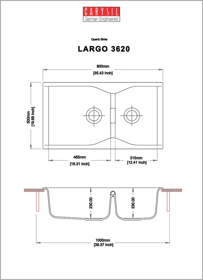 QUARTZ 2.0 BOWL W/O DRAIN BOARD (DEPTH 9INCH) - CARYSIL -  ( GRANITE METALLIC NERA - LARGO - 900x500 mm - 36inchX20inch )
