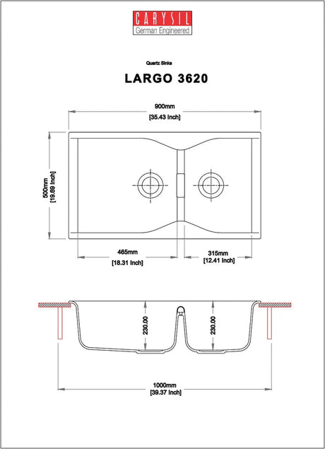 QUARTZ 2.0 BOWL W/O DRAIN BOARD (DEPTH 9INCH) - CARYSIL -  ( GRANITE METALLIC NERA - LARGO - 900x500 mm - 36inchX20inch )