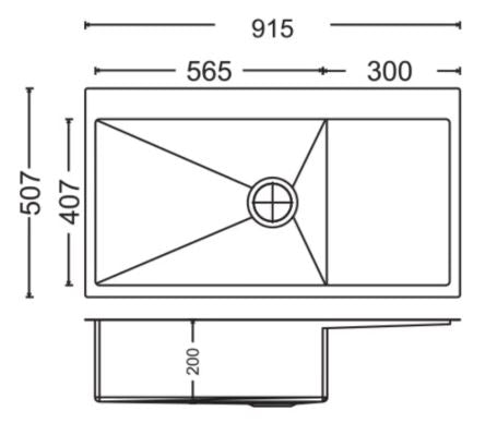 1 BOWL WITH DRAIN BOARD (DEPTH 8INCH) THK 1MM - CARYSIL  -  ( MATT - MICRO RADIUS R10 - 915x507 mm - 36inchX20inch )
