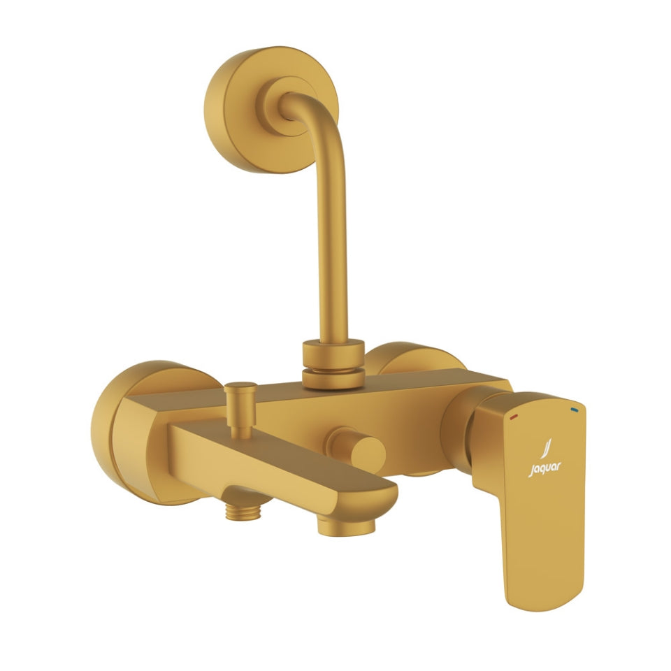 SINGLE LEVER WALL MIXER 3 IN1 SYSTEM W/ PROVISION FOR HAND SHOWER AND OVERHEAD SHOWER WITH 115MM LONG BEND PIPE, CONNECTING LEGS & WALL FLANGE - JAQUAR FAUCETS - ( GOLD MATT PVD - KUBIX PRIME - 0x15 mm - 0inchX0.5inch )