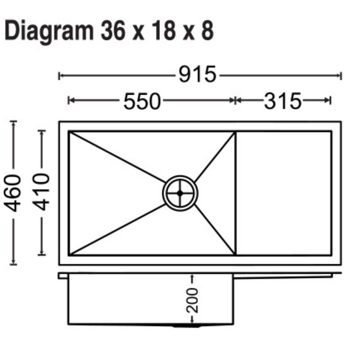 1 BOWL W/SMALL DRAINBOARD (DEPTH 8INCH) THK 1MM - CARYSIL -  ( MATT - QUADRO - 915x460 mm - 36inchX18inch )