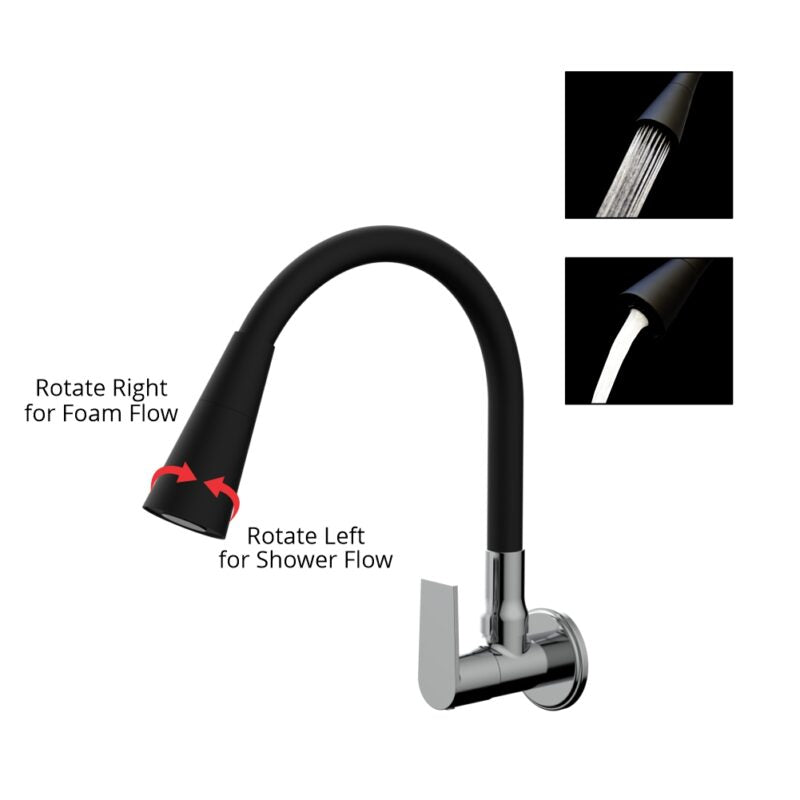 SINK TAP WALL MOUNTED WITH 2 FLOWS FLEXIBLE SPOUT - VIKING -  ( BLACK/POLISHED CP -  - 0x15 mm - 0inchX0.6inch )
