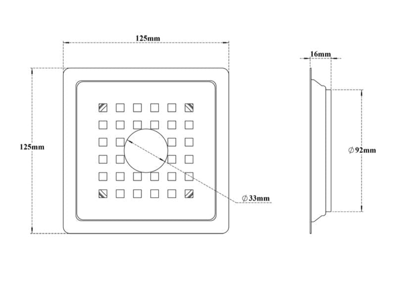 SS SQUARE DRAIN FLAT WITH COCKROACH TRAP & HOLE - VIKING -  ( BRUSHED - SS 304 - 0x125 mm - 0inchX5inch )