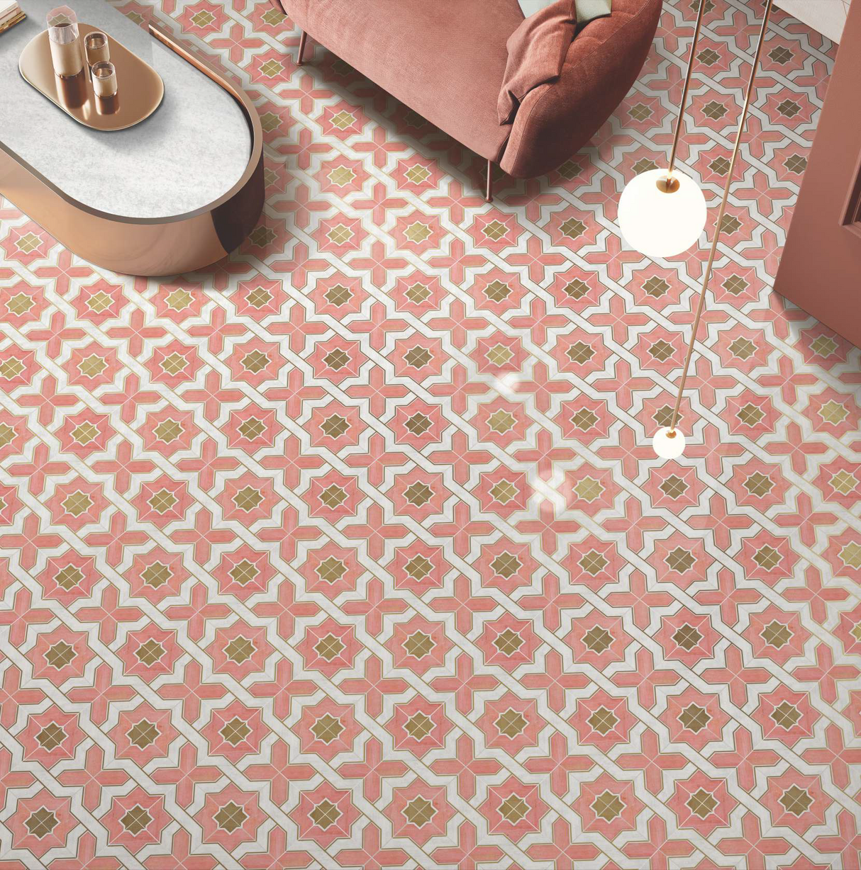 DAMASK PINK HL - DESIGNER TILES -  (  - 3RD FRD GLD & SILVR EDITN VITR.TILE - 300x300 mm - 12inchX12inch )