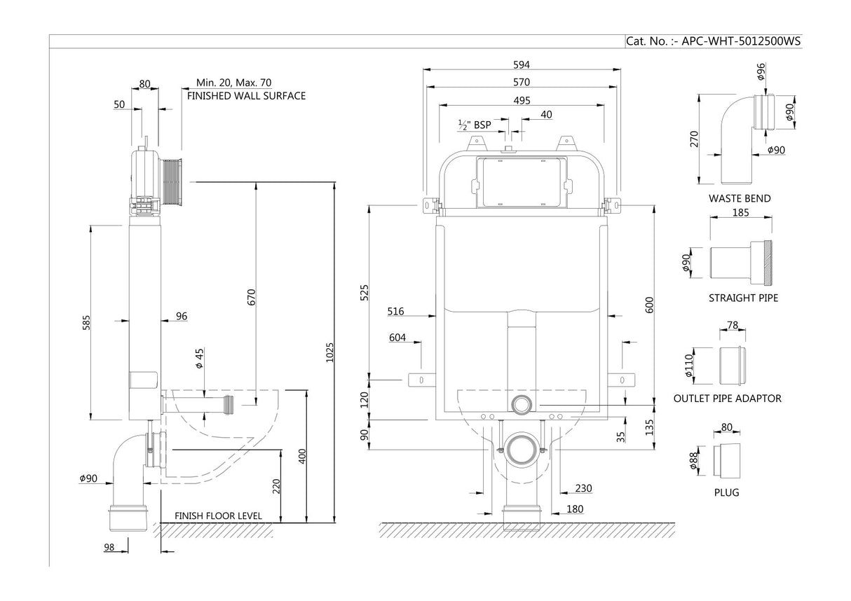 PNEUMATIC SINGLE PIECE SLIM CONCEALED CISTERN - ARTIZE CISTERN - ( WHITE - PNEUMATIC - 0x0 mm - 0inchX0inch )