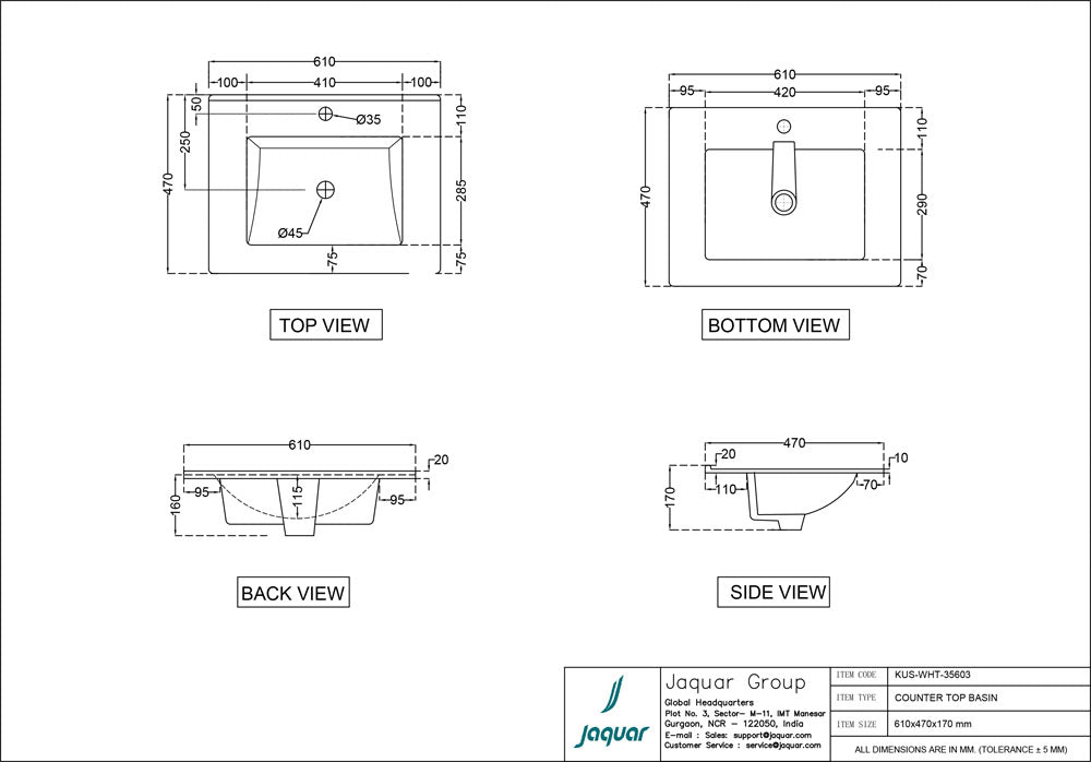 COUNTER TOP BASIN - JAQUAR SWARE - ( WHITE - KUBIX - 610x470x170 mm - 24.4inchX18.8inchX6.8inch )