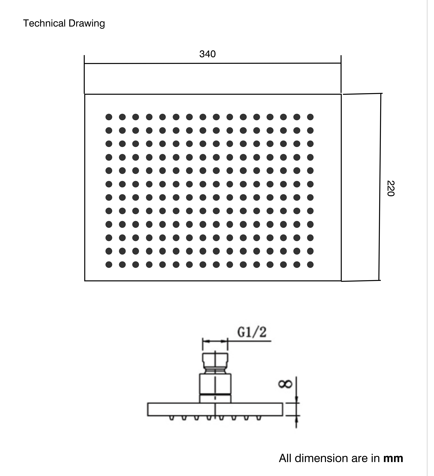 BRASS RAIN SHOWER RECTANGULAR - AQUANT -  ( CHROME -  - 340x220 mm - 14inchX9inch )