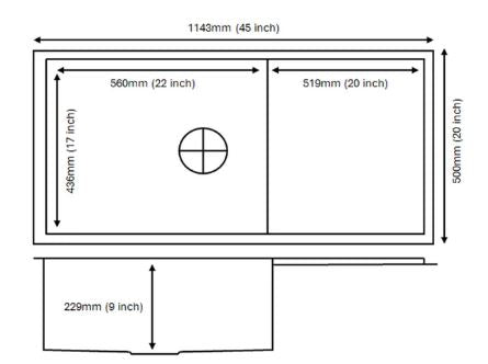 1 BOWL W/SMALL DRAINBOARD (DEPTH 9INCH) THK 1MM - CARYSIL -  ( MATT - QUADRO - 1143x508 mm - 45inchX20inch )