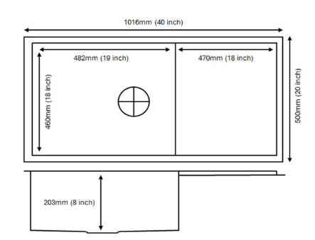 1 BOWL W/SMALL DRAINBOARD(DEPTH 8INCH) THK 0.8MM - CARYSIL -  ( MATT - QUADRO CLASSIC - 1016x500 mm - 40inchX20inch )