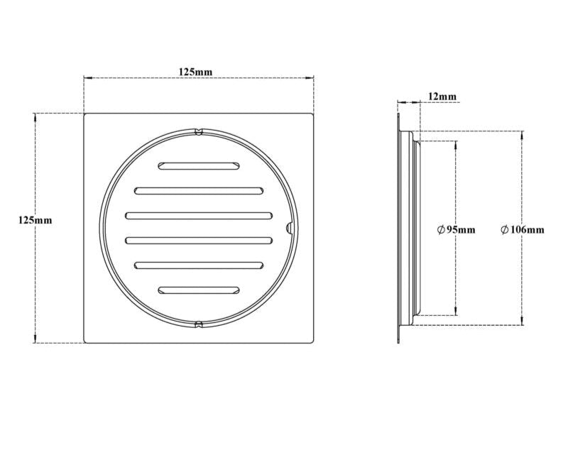 DRAIN SQUARE SLOTTED -FLAT W/O HOLE FOR WASTE PIPE - VIKING -  ( CHROME - SS 201 - 125x125 mm - 5inchX5inch )