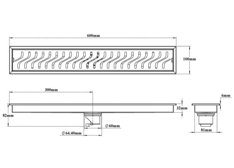 SHOWER CHANNEL DRAINER CENTRE HOLE - VIKING -  ( BRUSHED - SS 304 - 600x100 mm - 24inchX4inch )