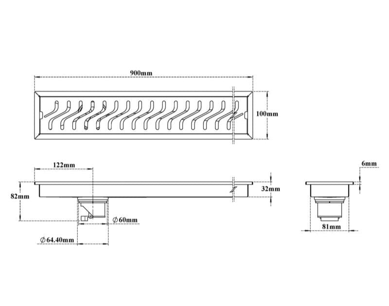 SHOWER CHANNEL DRAINER CURVES FOUL SIDE HOLE - VIKING -  ( SS 304 -  - 900x100 mm - 36inchX4inch )