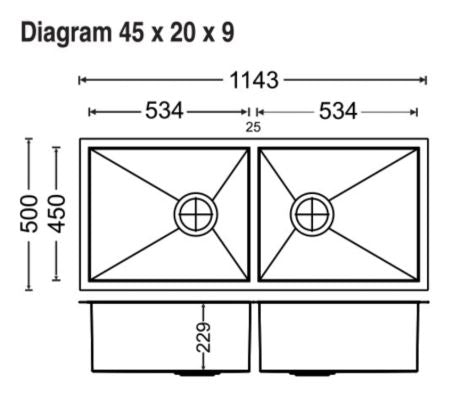 2 BOWL W/O DRAIN BOARD (DEPTH 9INCH) THK 1MM - CARYSIL -  ( MATT - QUADRO - 1143x500 mm - 45inchX20inch )