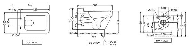 RIMLESS WALL HUNG WC W/UF SOFT CLOSE S/COVER ( BOLT DISTANCE 7INCH)- JAQUAR SWARE - ( - - 580x350 mm - 14inchX0inch )