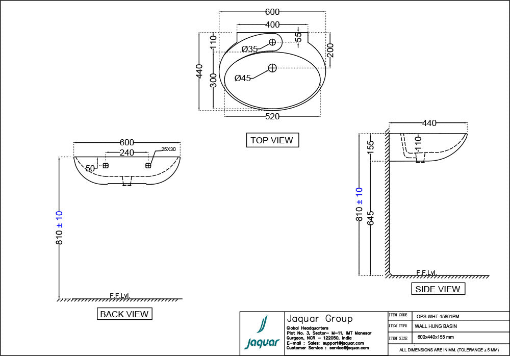 WALL HUNG WASH BASIN W/FIXING ACCESSORIES - JAQUAR SWARE - ( WHITE - OPAL - 600x450 mm - 24inchX18inch )