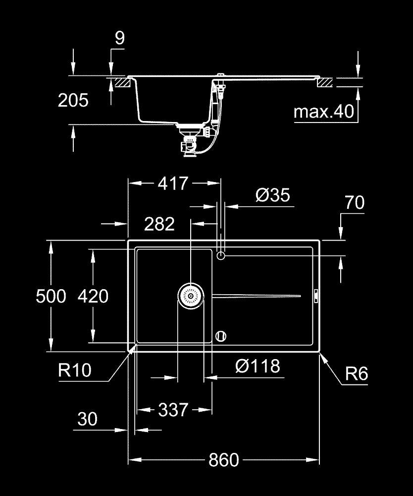 K400 SINK 50 -C 86/50 1.0 REV - GROHE-G2 - ( GRANITE BLACK - K400 - 860x500 mm - 34.4inchX20inch )