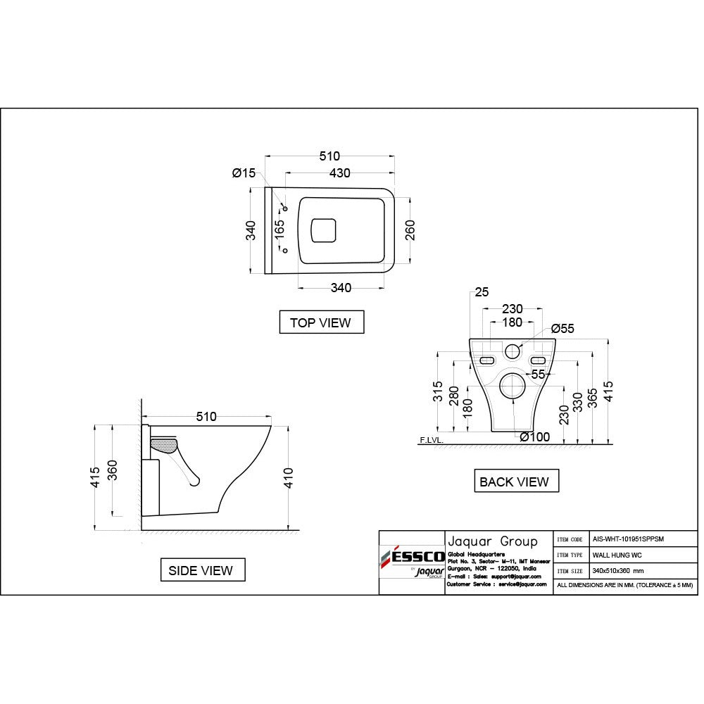 WALL HUNG WC WITH PP SOFT CLOSE SLIM SEAT ( BOLT DISTANCE 9INCH) - ESSCO SWARE - ( WHITE - ASPIRE - 0x0 mm - 0inchx0inch )