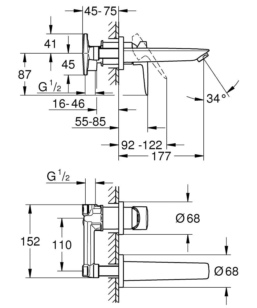 NEW BAUEDGE 2-HOLE, 1-HANDLE WALL-MOUNT BASIN MIXER, M SIZE - GROHE-G2 - ( CHROME - G2 - BAUCOSMOPOLITAN - 0x15 mm - 0inchX0.6inch )