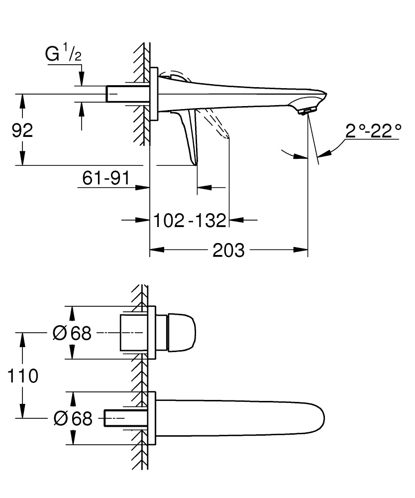 EUROSTYLE 2015 SOLID 2-HOLE, 1-HANDLE WALL-MOUNT BASIN MIXER, M SIZE - GROHE - ( CHROME - G3 - EUROSTYLE - 0x10 mm - 0inchX0.38inch )