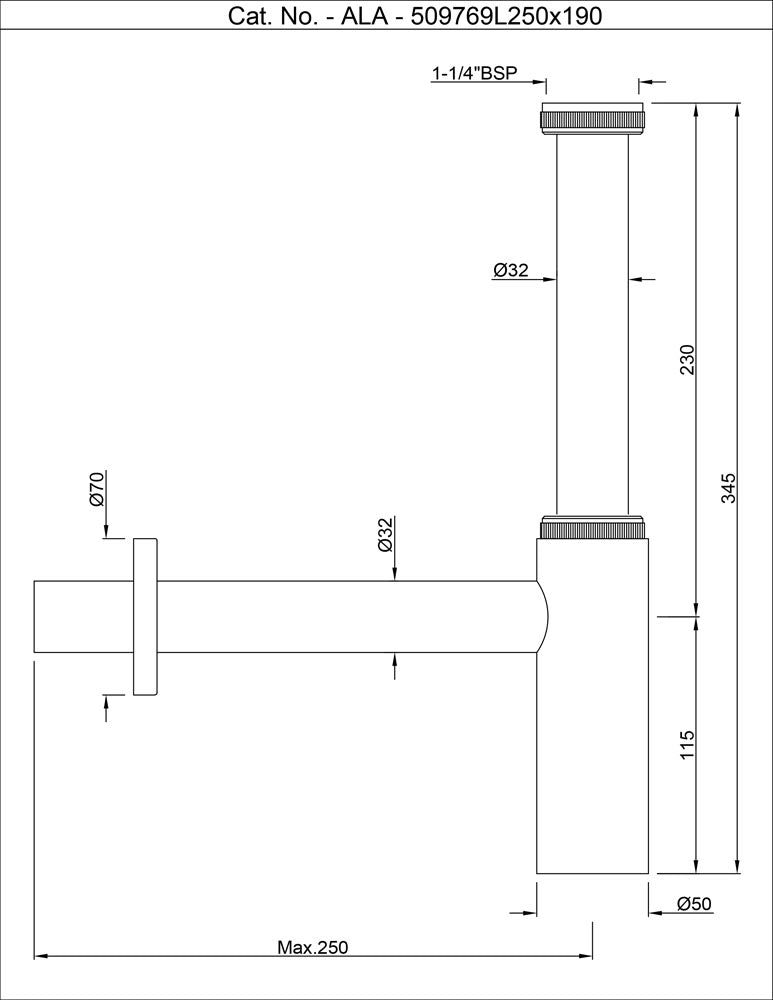 BOTTLE TRAP 32MM SIZE WITH 250MM & 190MM LONG PIPE & WALL FLANGE - ARTIZE FAUCET - ( CHROME - ALLIED - 0x15 mm - 0inchX0.5inch )