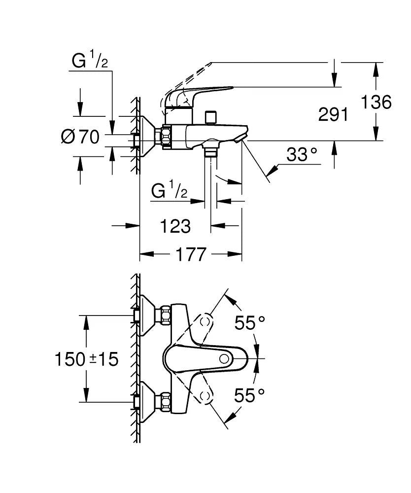 EUROECO WALL MOUNT EXPOSED SINGLE-LEVER BATH MIXER - GROHE G2 - ( CHROME - G2 - EUROECO - 0x15 mm - 0inchX0.5inch )