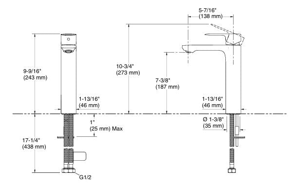 HONE-SL BASIN MIXER TALL W/PIPES - KOHLER PREMIUM - ( POLISHED CHROME - PREMIUM - 0x15 mm - 0inchX0.5inch )