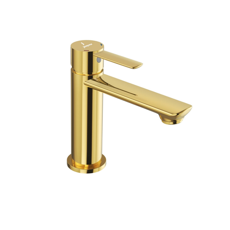 SINGLE LEVER BASIN MIXER WITHOUT POPUP WASTE SYSTEM WITH 450MM LONG BRAIDED HOSES WITH WALL FLANGE - JAQUAR FAUCETS - ( GOLD BRIGHT PVD - FUSION PRIME - 0x15 mm - 0inchX0.5inch )