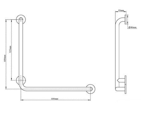GRAB BAR LEFT 90DEG ANGLE - VIKING -  (  - SS 304 - 600x600 mm - 24inchX24inch )
