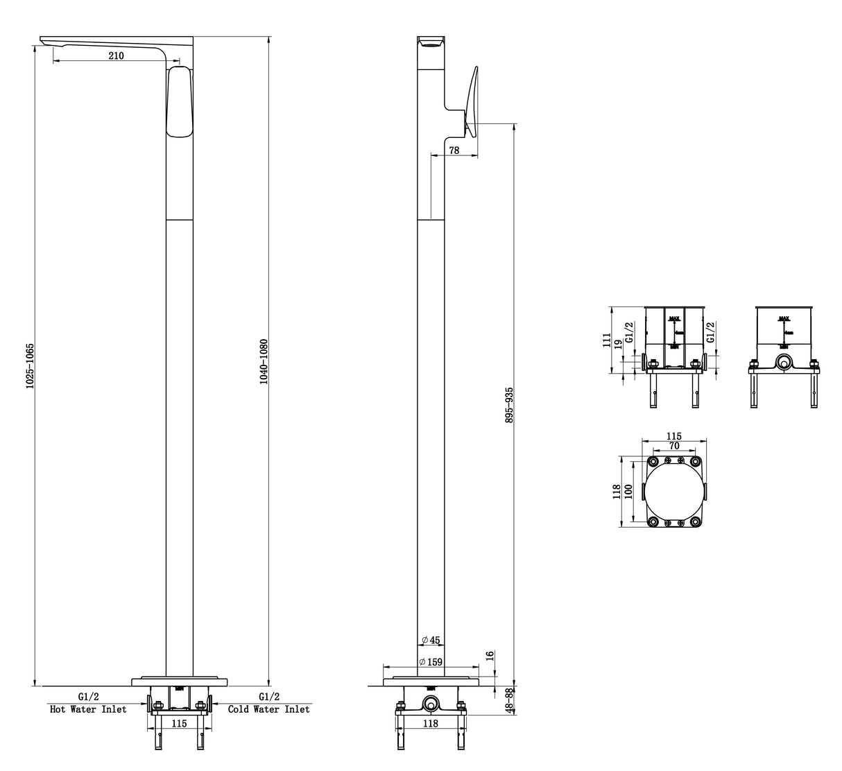 (PRUN) FLOOR MOUNTED BASIN MIXER 42" HIGHT - AQUANT -  ( BRUSHED GOLD -  - 0x0 mm - 0inchx0inch )