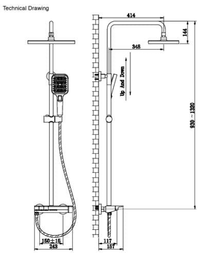 S/L BUTTON DIVT BRASS SHOWER W/RAIN SHWR W/HAND SHWR W/FLEXIBLE 1.5 MTR HOSE W/HIDDEN SPOUT - AQUANT - ( CHROME - FLEUR - 1320x930 mm - 52.8inchX37.2inch )