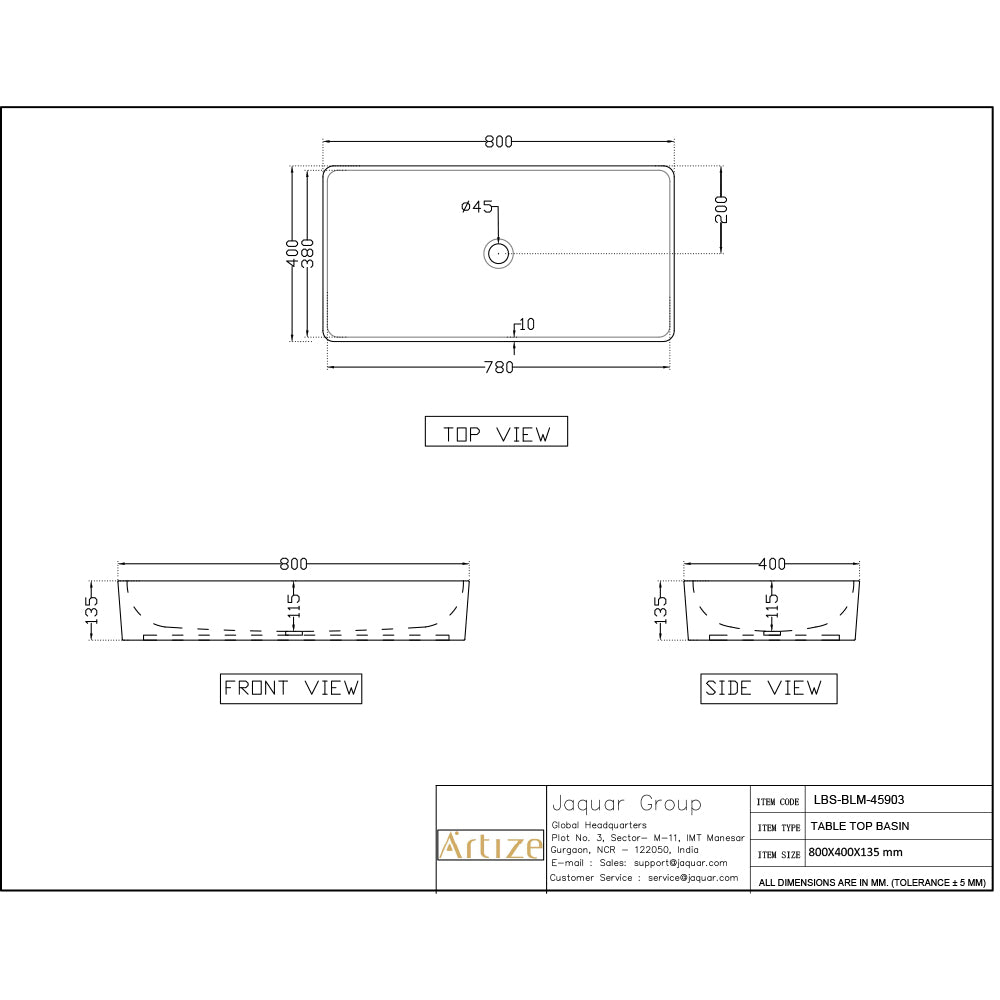 THIN RIM TABLE TOP BASIN - ARTIZE SWARE - ( WHITE - LE BLANC - 800x400 mm - 32inchX16inch )
