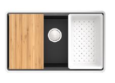 NEOROC TASK QUARTZ SINK SINGLE BOWL W/O DRAIN BOARD, STRAINER, COLANDER, CHOPPING BOARD, SOAKING BASKET & DRAIN PIPE (DEPTH 9.3INCH)- KOHLER LUXURY - ( MATTE BLACK - LUXURY - 750x450 mm - 30inchX18inch )