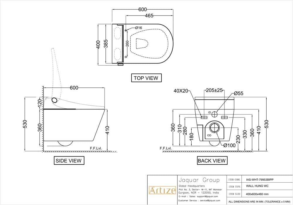 WALL HUNG RIMLESS WC W/S.COVER & ACC.( BOLT DISTANCE 7INCH)- ARTIZE SWARE - ( BLACK WHITE - INTELLIGENT - 0x0 mm - 0inchX0inch )