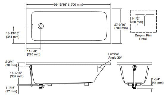 REACH ACRYLIC BATHTUB DROP-IN 1700MM - KOHLER PREMIUM - ( WHITE - PREMIUM - 0x0 mm - 0inchX0inch )