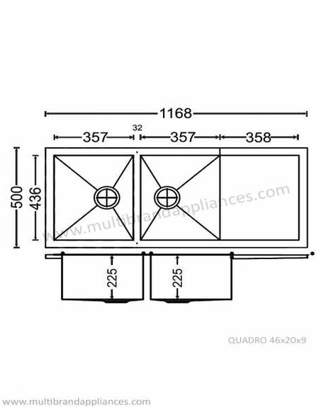 2 BOWL W/SMALL DRAINBOARD(DEPTH 9INCH) THK 1MM - CARYSIL -  ( MATT - QUADRO - 1168x500 mm - 46inchX20inch )