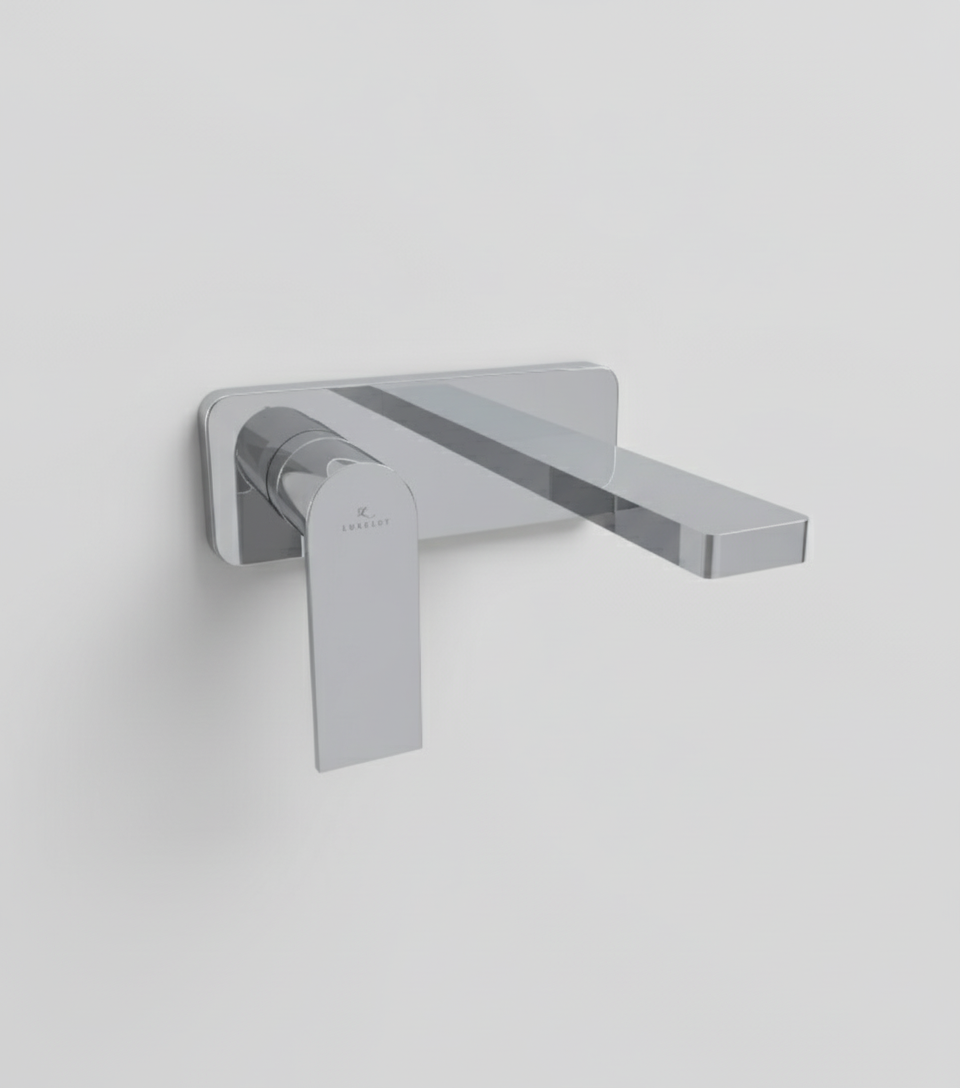 Chrome wall-mounted faucet on a white background