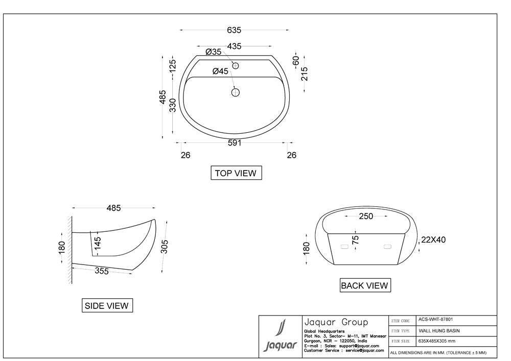 WALL HUNG WASH BASIN W/FIXING KIT - JAQUAR SWARE - ( WHITE - ARC - 650x475 mm - 26inchX19inch )