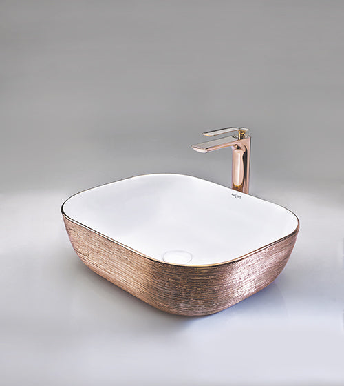 WASH BASIN TABLE MOUNTED RECT. - AQUANT -  ( ROSE GOLD/WHITE -  - 500x400 mm - 20inchX16inch )
