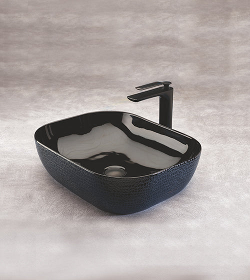 WASH BASIN TABLE MOUNTED RECT. - AQUANT -  ( CROCODILE LEATHER BLACK -  - 500x400 mm - 20inchX16inch )