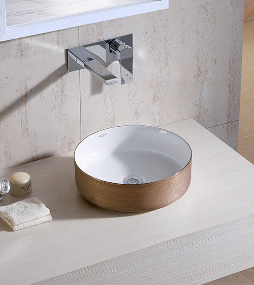 WASH BASIN TABLE MOUNTED ROUND - AQUANT - ( ROSE GOLD+WHITE - - 355x355 mm - 14inchX14inch )